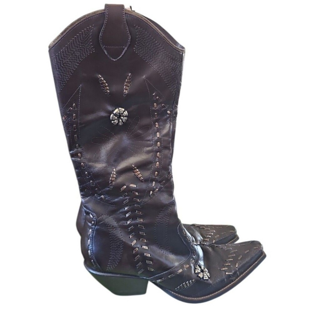 BCBGirls Bronze Metallic Leather Cowboy Boots 9 Floral Westerncore Festival Chic